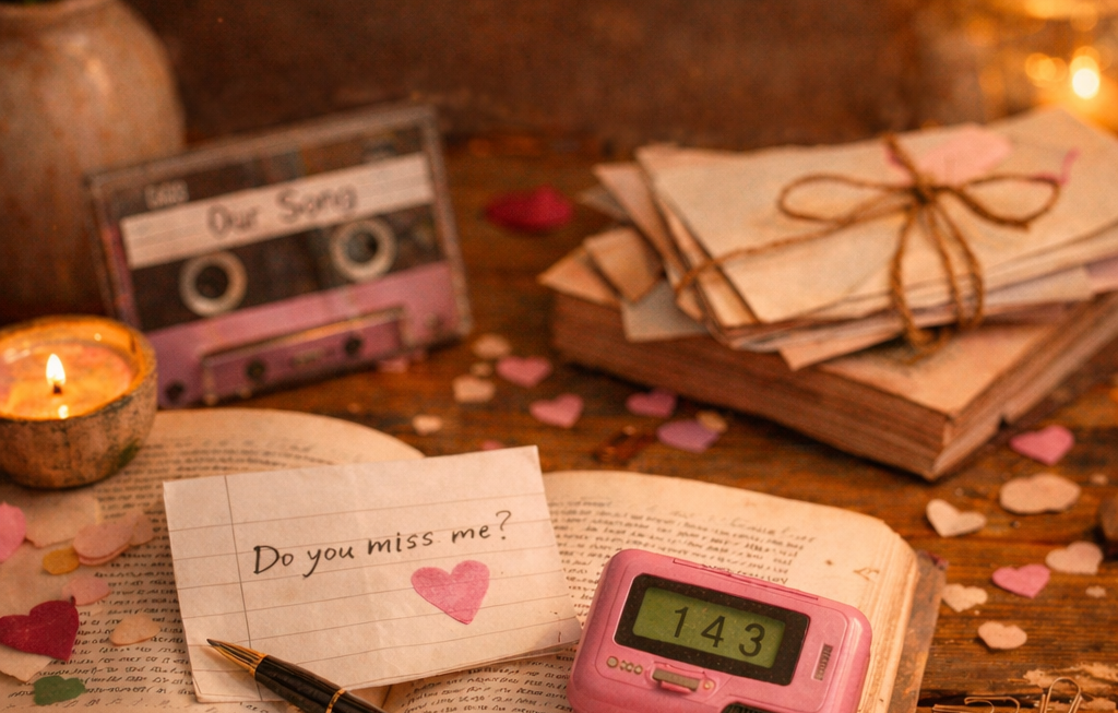 Open book, on top of it is a pager, a love note that reads "I miss You" and in the background is a stack of letters and a cassette tape. The mood is romantic and nostalgic.
